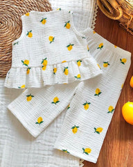Baby Girls Lemon Print Camisole & Pants Set – Chiffon Ruffle Hem 2pcs Summer Outfit