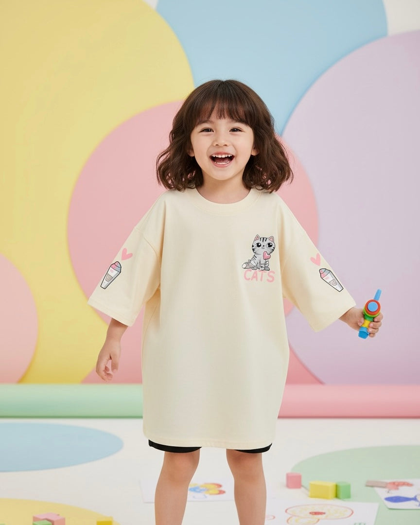 Girls' Cartoon Cat & Heart Print T-Shirt - Summer