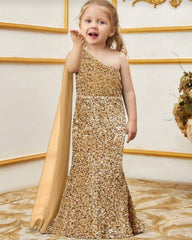 Luxury One-Shoulder Sequin Girls' Dress With Ultra-Long Chiffon Sleeves & Fish Tail Floor-Length Skirt