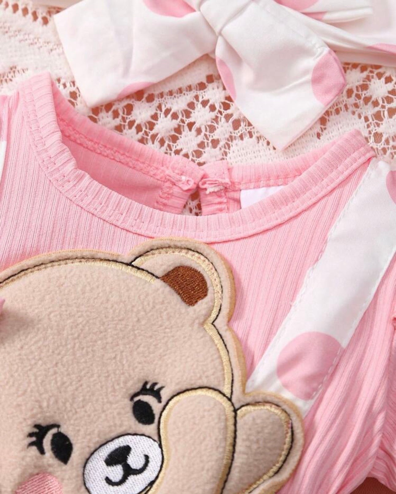 Baby Girls' Pink Ruffle Sleeve Patchwork Cartoon Bear Bow Embroidered Dress + Headband