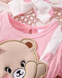 Baby Girls' Pink Ruffle Sleeve Patchwork Cartoon Bear Bow Embroidered Dress + Headband