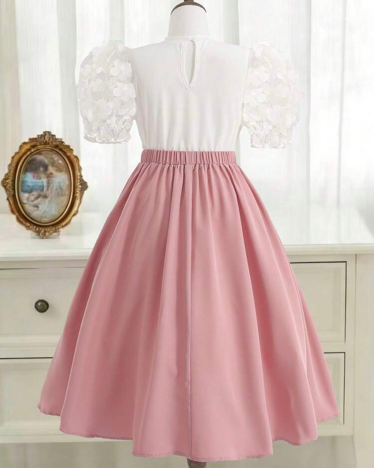 Girls’ 3D Floral Embroidery Bubble Sleeve Shirt & Skirt Set