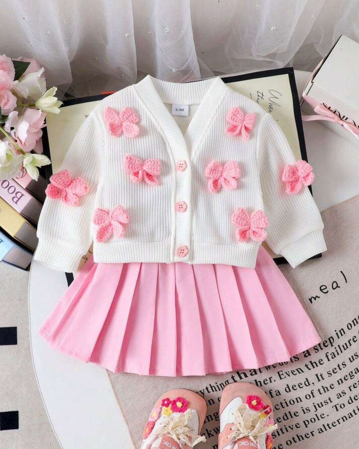 2pcs Baby Girl 3D Bow White Cardigan & Pink Skirt Set