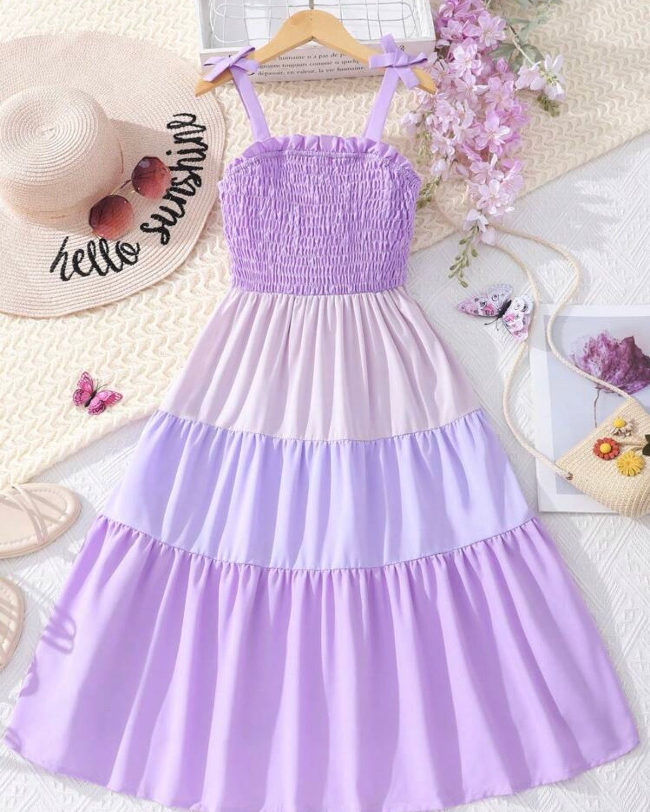 Tween Girl Purple Colorblock Shoulder Ruffle Hem Cami Dress