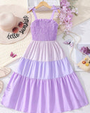 Tween Girl Purple Colorblock Shoulder Ruffle Hem Cami Dress