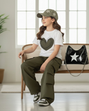 Girls’ Green Heart Print Short Sleeve T-Shirt & Cargo Pants Set