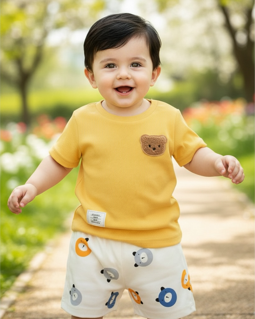 Baby Boy Bear Yellow Ribbed Summer Set