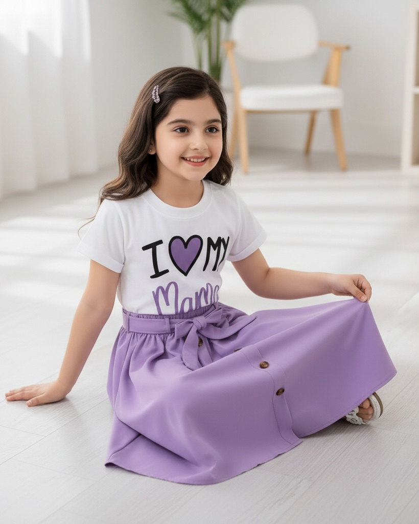 Mama Printed Short Sleeve T-Shirt And Elastic Waist Skirt