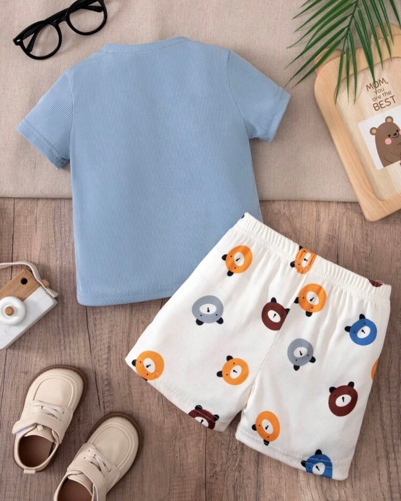 Baby Boy Bear Sky Blue Ribbed Summer Set