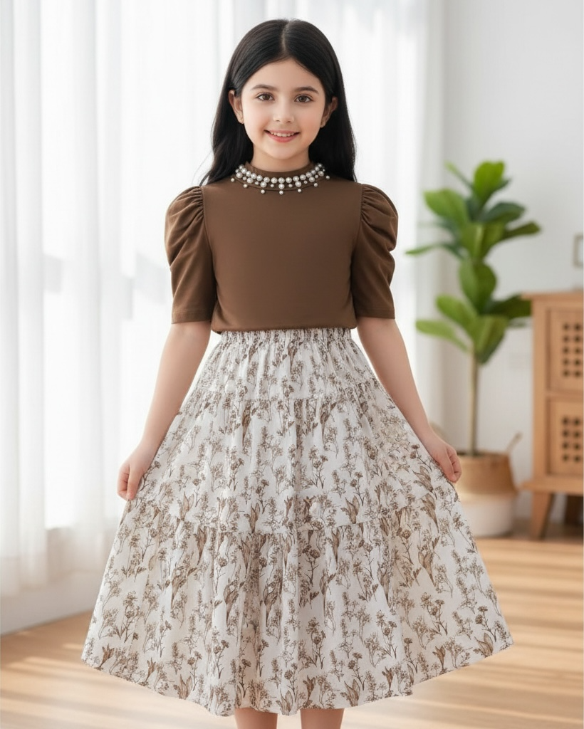 Tween Girl 2Pcs Outfit – Brown Faux Pearl Top & Floral Ruffle Skirt Set