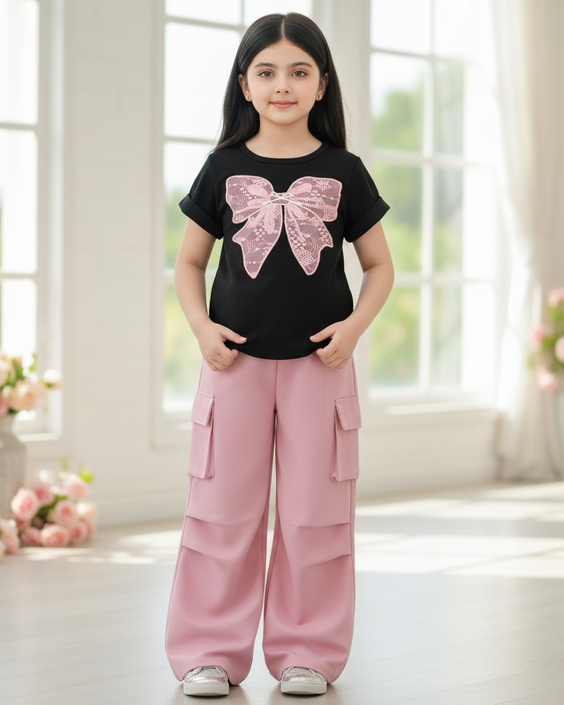 Girls Bow Pink Embroidery Black T-Shirt & Cargo Pants Set