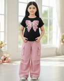 Girls Bow Pink Embroidery Black T-Shirt & Cargo Pants Set