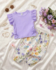 Baby Girls Purple Striped Ruffle Sleeve T-Shirt & Floral Pants Set – 2pcs Summer Outfit