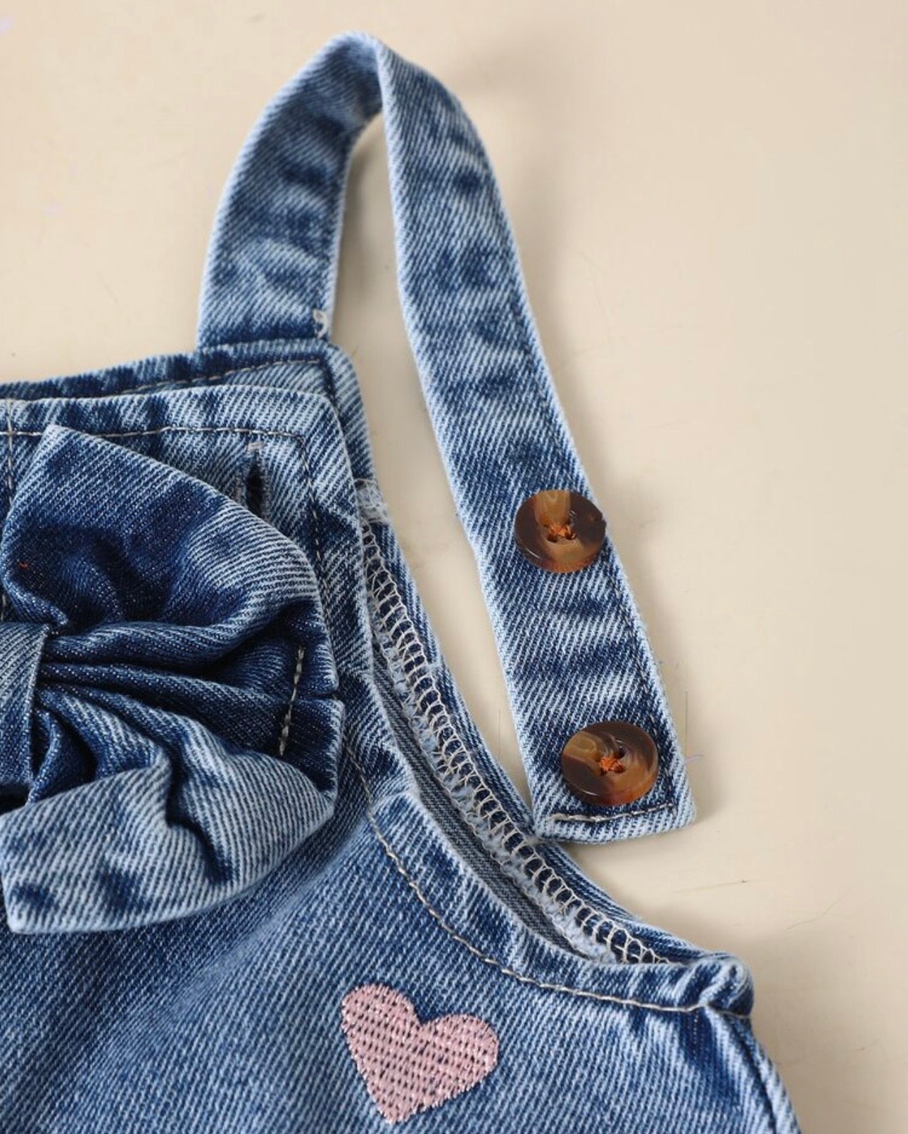 Girls Pink And White Heart Embroidered Denim Jumpsuit