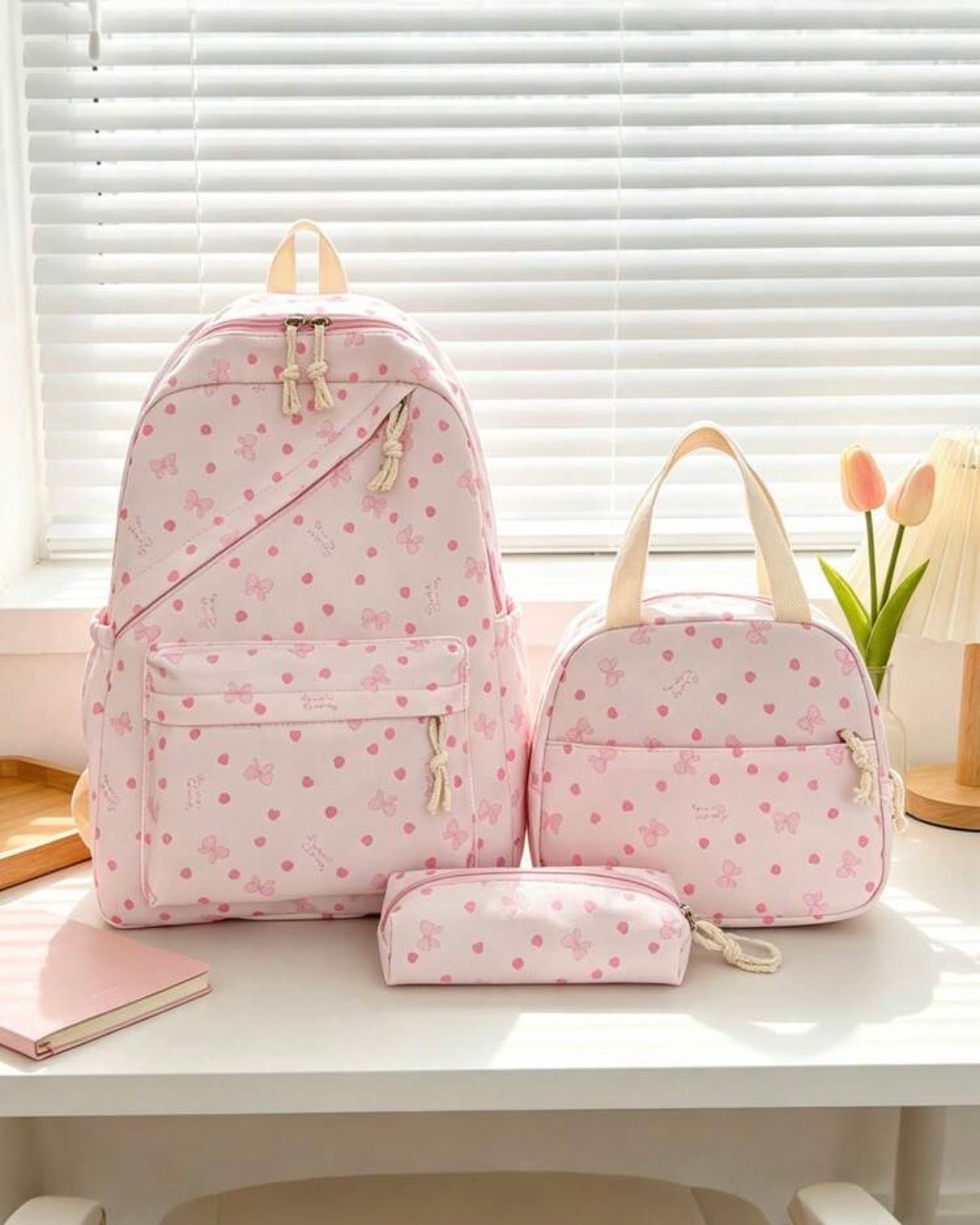 3-Piece Fashionable Collegiate Style Backpack Set – Heart & Bow Print