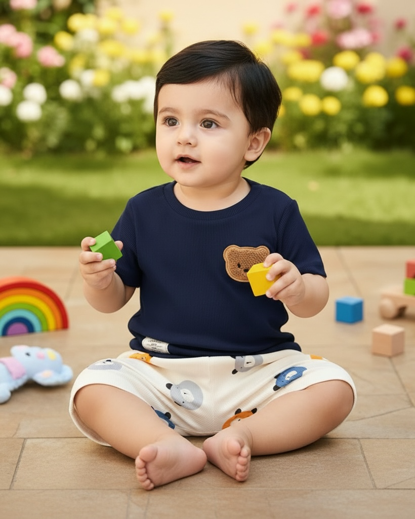 Baby Boy Bear Blue Ribbed Summer Set