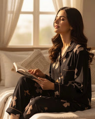 Bow Print Women Long Sleeve Top & Long Pants Satin Pajama Set