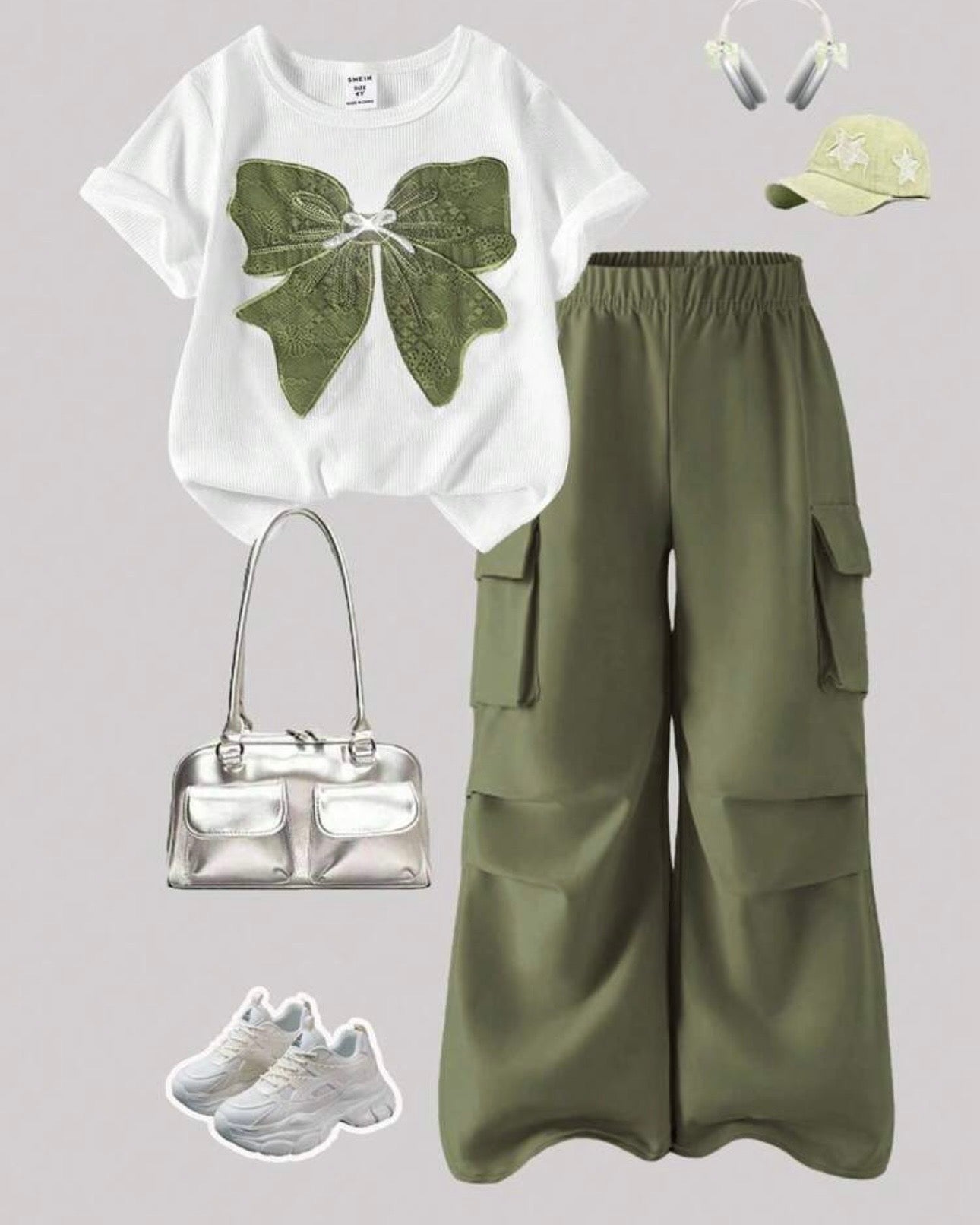 Girls’ Green Embroidered Bow  White Short Sleeve Top & Cargo Pants Set