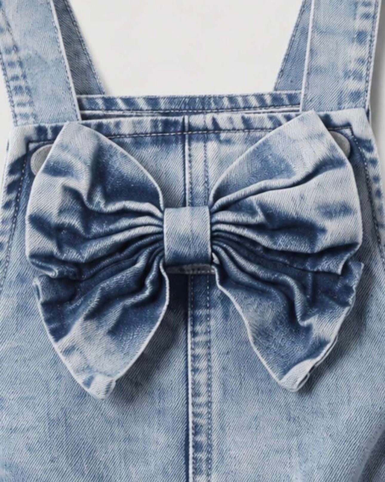 Girls Light Blue Denim Jumpsuit with Pink Heart Embroidery & Bow