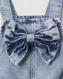 Girls Light Blue Denim Jumpsuit with Pink Heart Embroidery & Bow