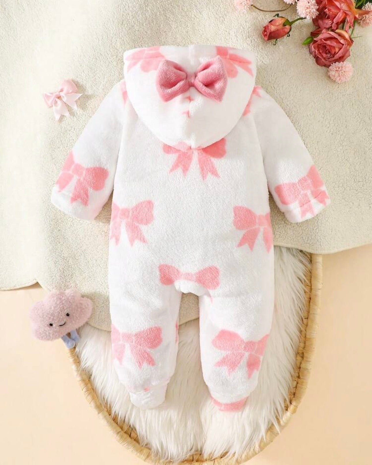 Newborn Baby Girls’ Pink Bow Print Hooded Flannel Jumpsuit