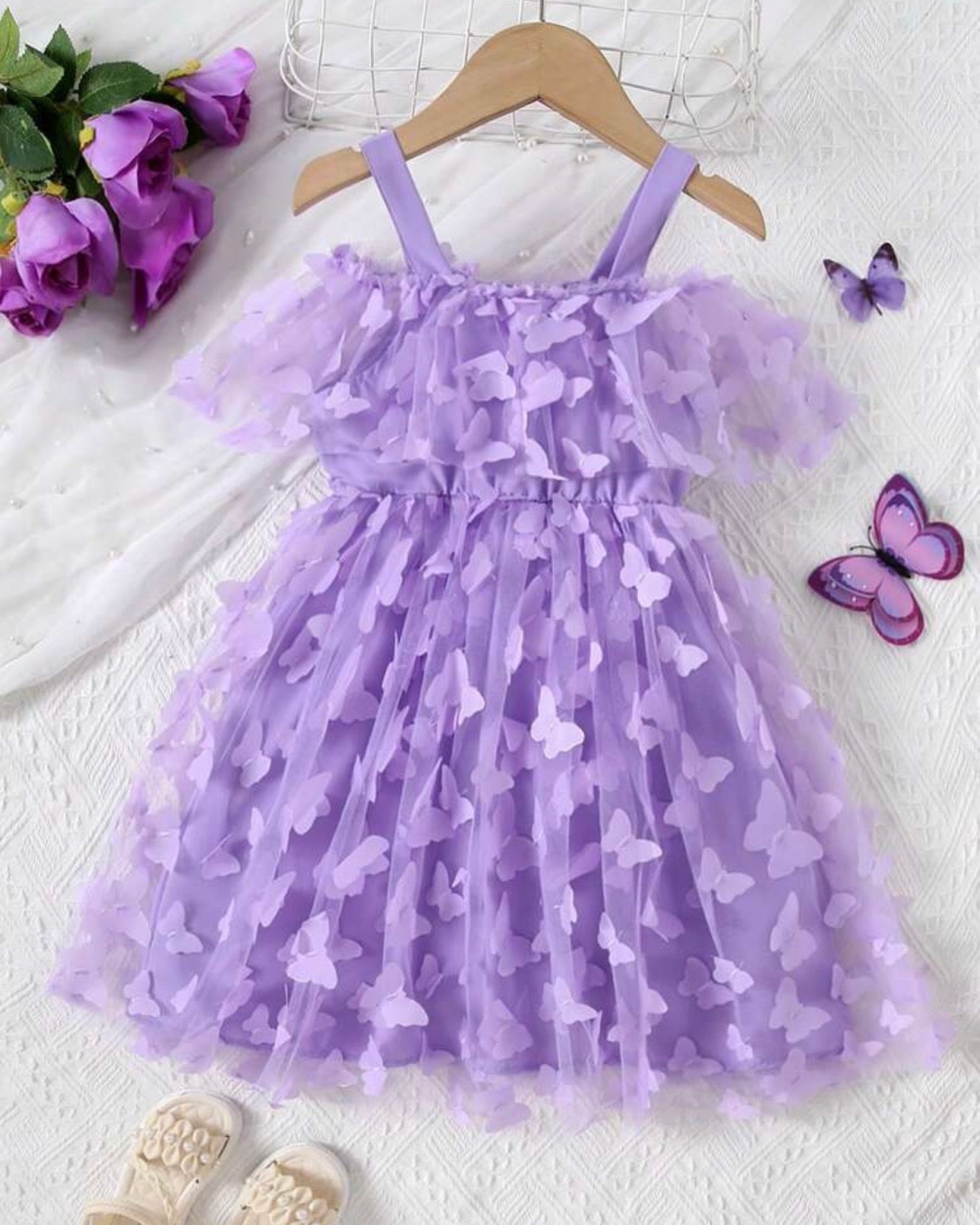 Girls’ Off-Shoulder Purple Butterfly Applique Mesh Dress