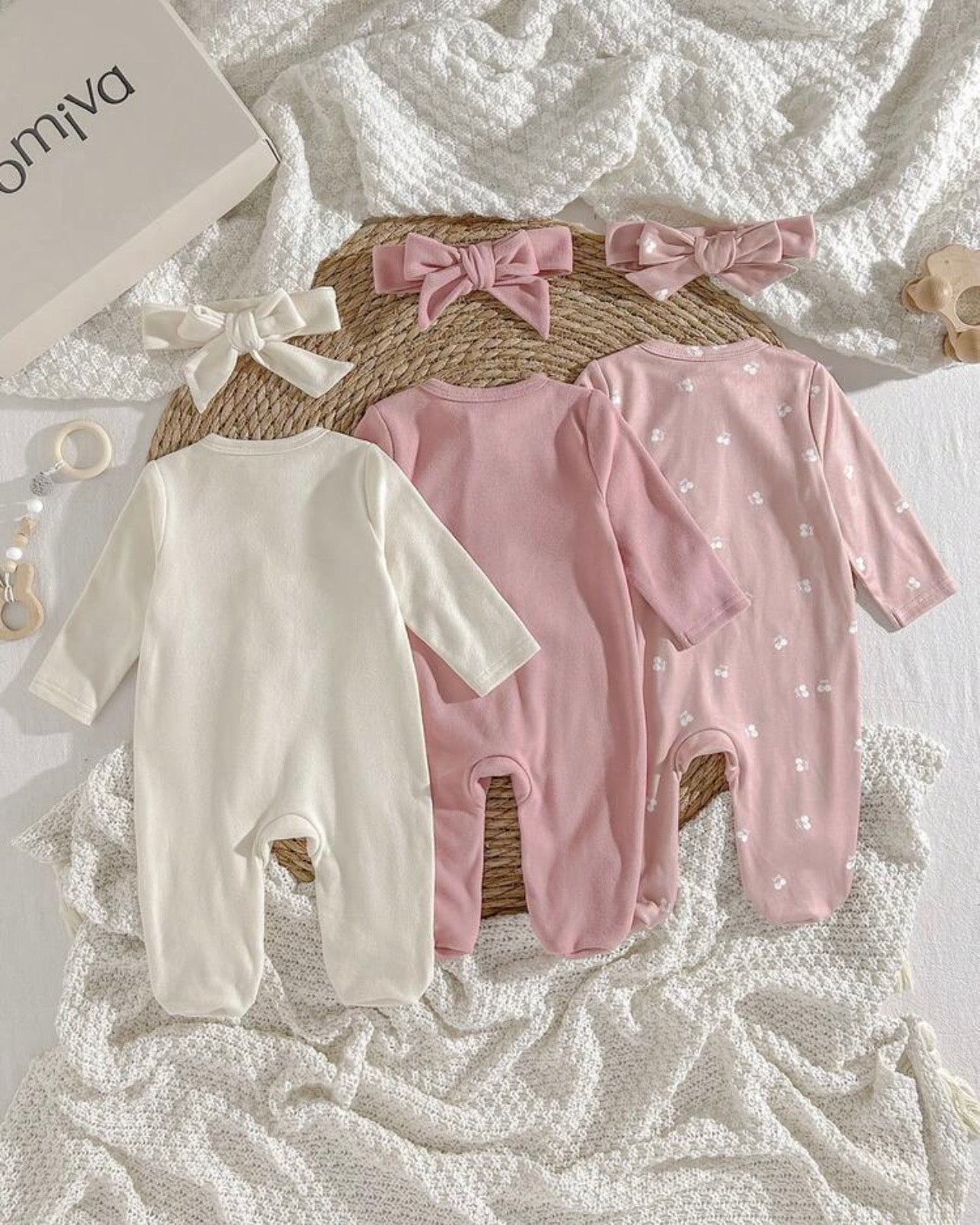 6pc Newborn Baby Girl Letter Print Soft Knit Romper + Headband Set