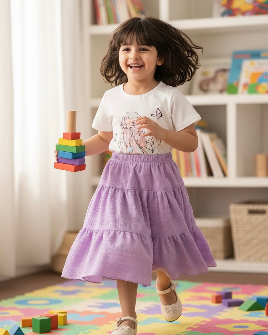 2pcs Purple Floral Print & Girl Shirt and Silhouette Skirt Set