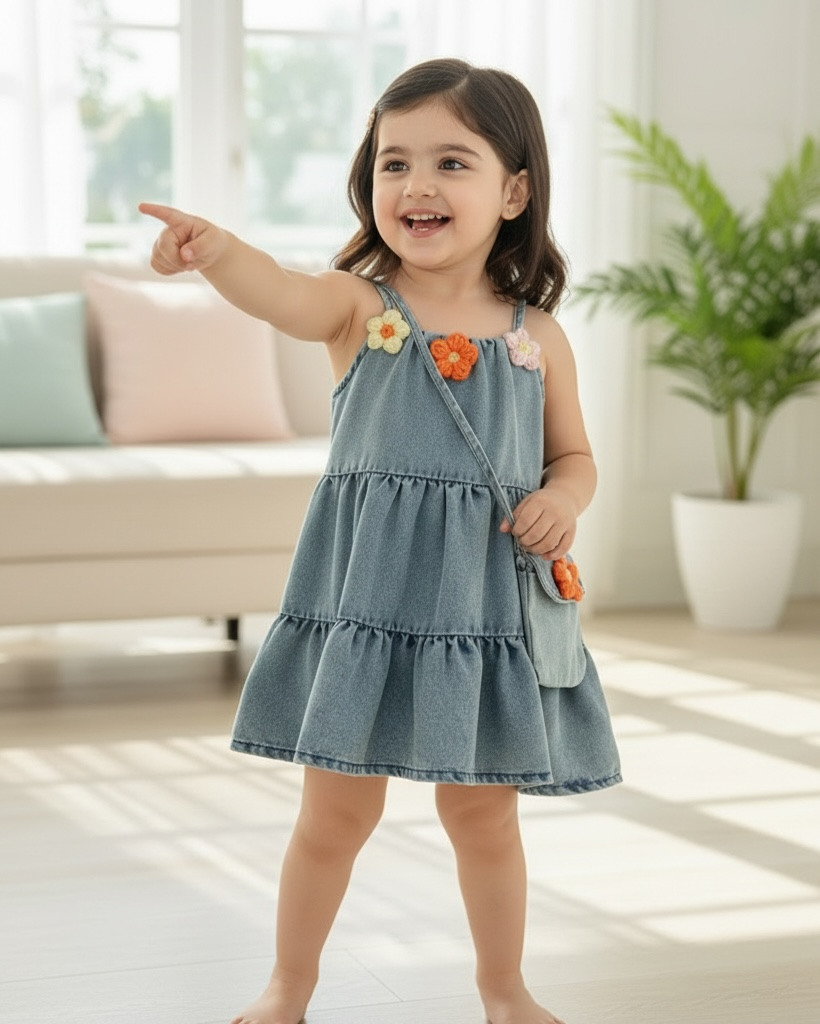 Baby Girls 3D Flower Decor Denim Dress & Bag Set