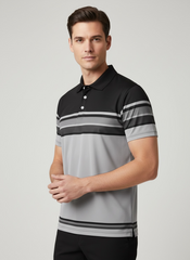 Men's Grey Striped Short Sleeve Polo Shirt - Summer