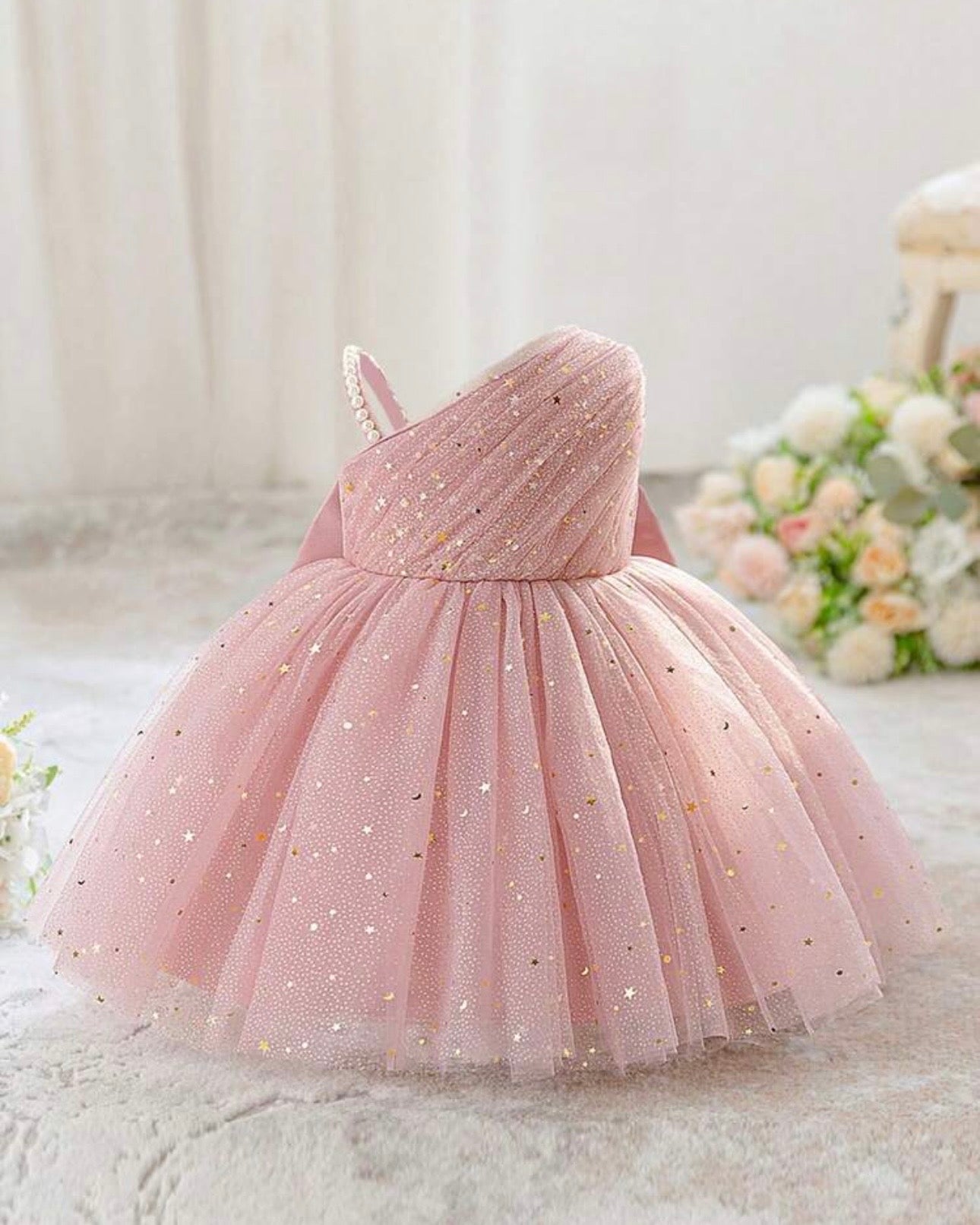 Baby Girls’ Pink Asymmetric Shoulder Faux Pearl Sequin Mesh Elegant Flower Girl Dress
