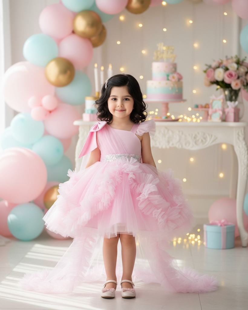 Baby Girls’ Pink Princess Trailing Dress | Birthday Party Gown