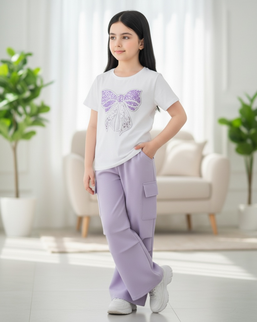 Tween Girls Purple Bow Embroidery White T-Shirt & Cargo Pants Set