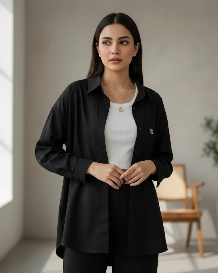 Women Buttoned Long Sleeve Casual Black Shirt