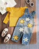 Baby Girls Yellow Floral Embroidered Denim Overall Set