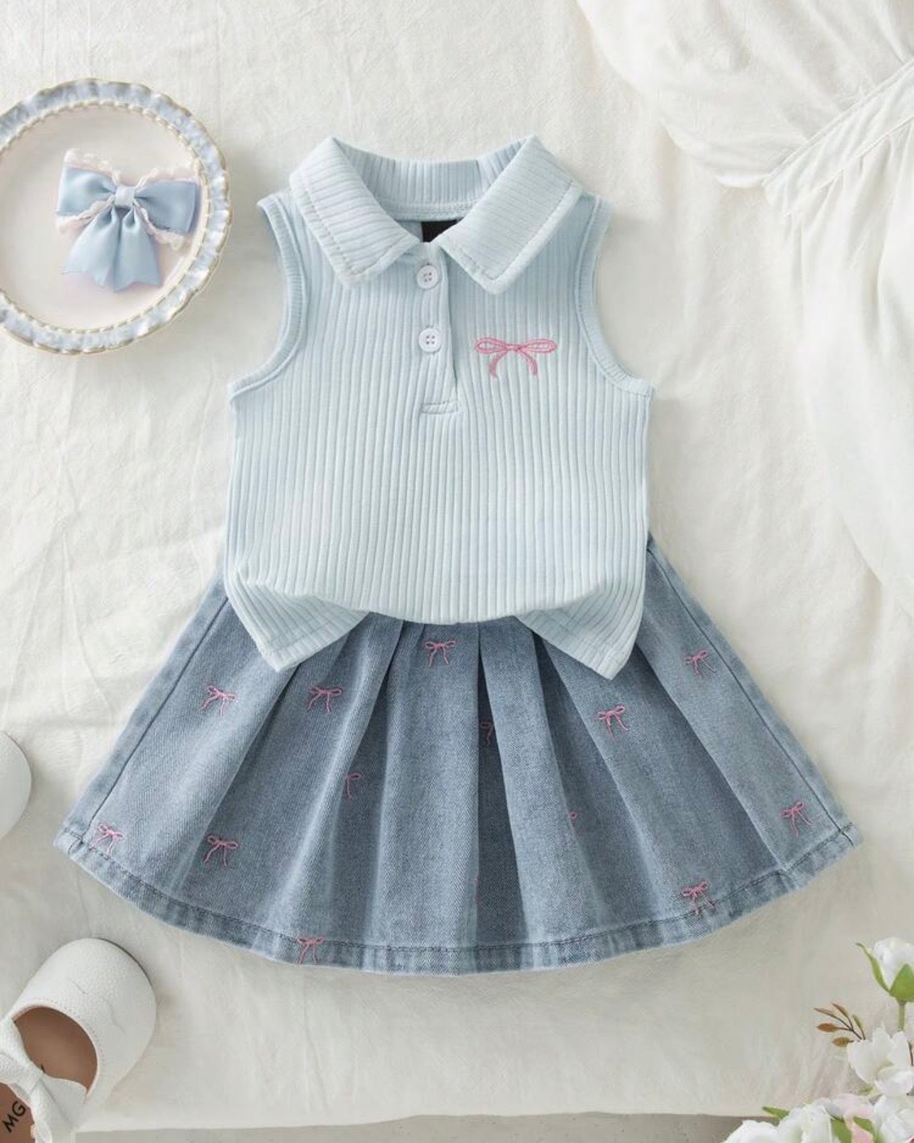 Girls’ Light Blue Sleeveless Polo Knit Top & Light Blue Denim Skirt