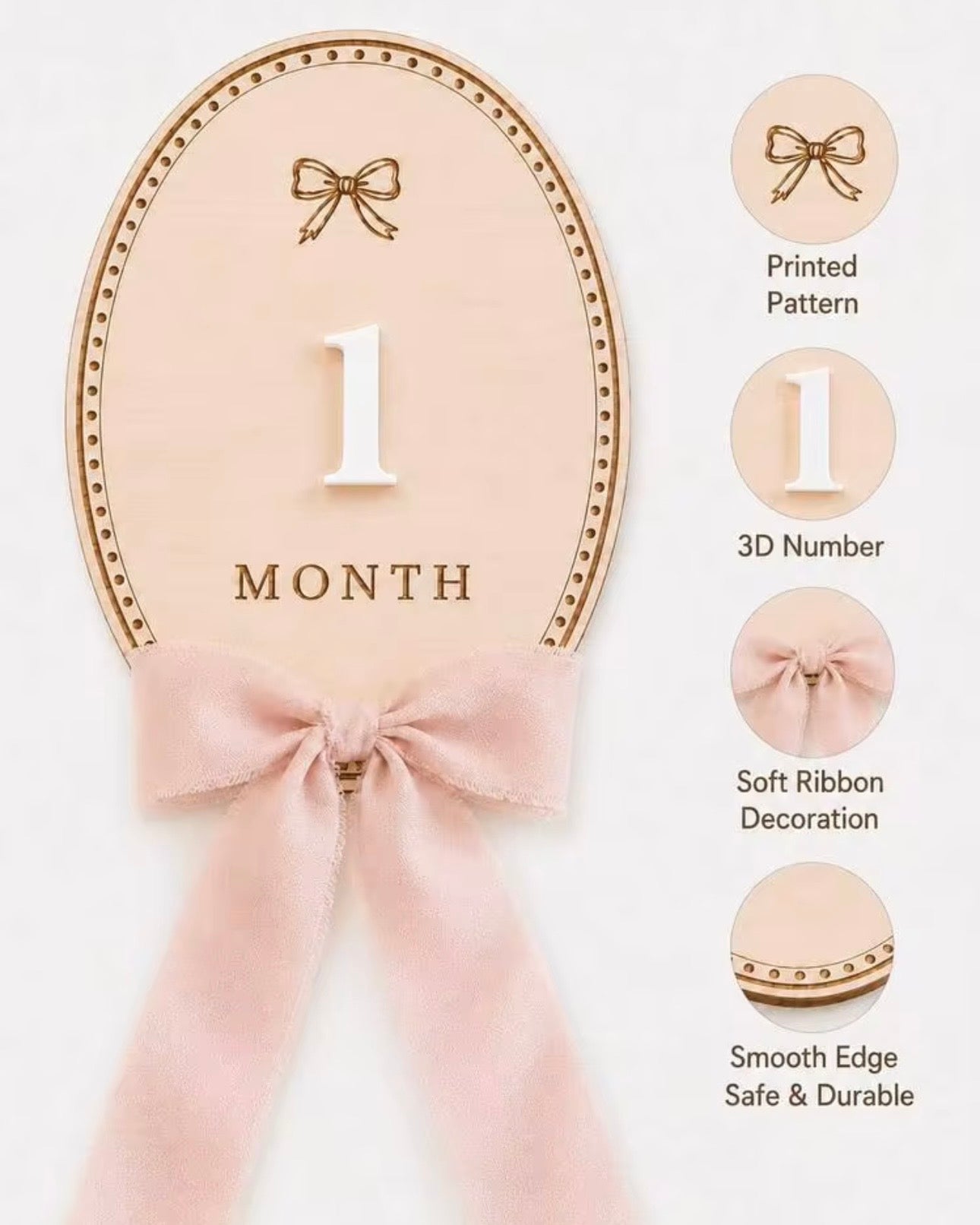 Baby Girl Milestone Wooden Photo Props with Pink Bow – Newborn to 12 Months