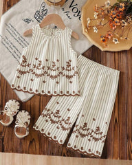 Baby Girls Sleeveless Co-Ord Set – Brown Printed Embroidered Hem Top & Wide-Leg Pants