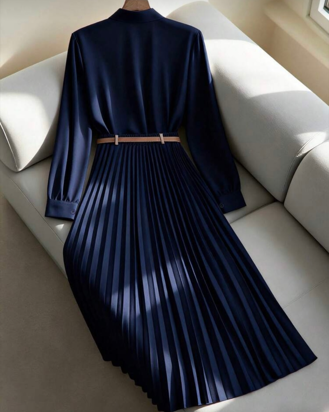 Solid Color Long Sleeve Shirt Paired With A-Line Skirt, Pleated Skirt Comes With Belt