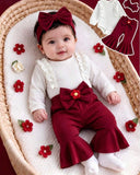 Baby Girls Comfortable Ruffle Long Sleeve Bodysuit With Bow Flare Pants And Headband Set
