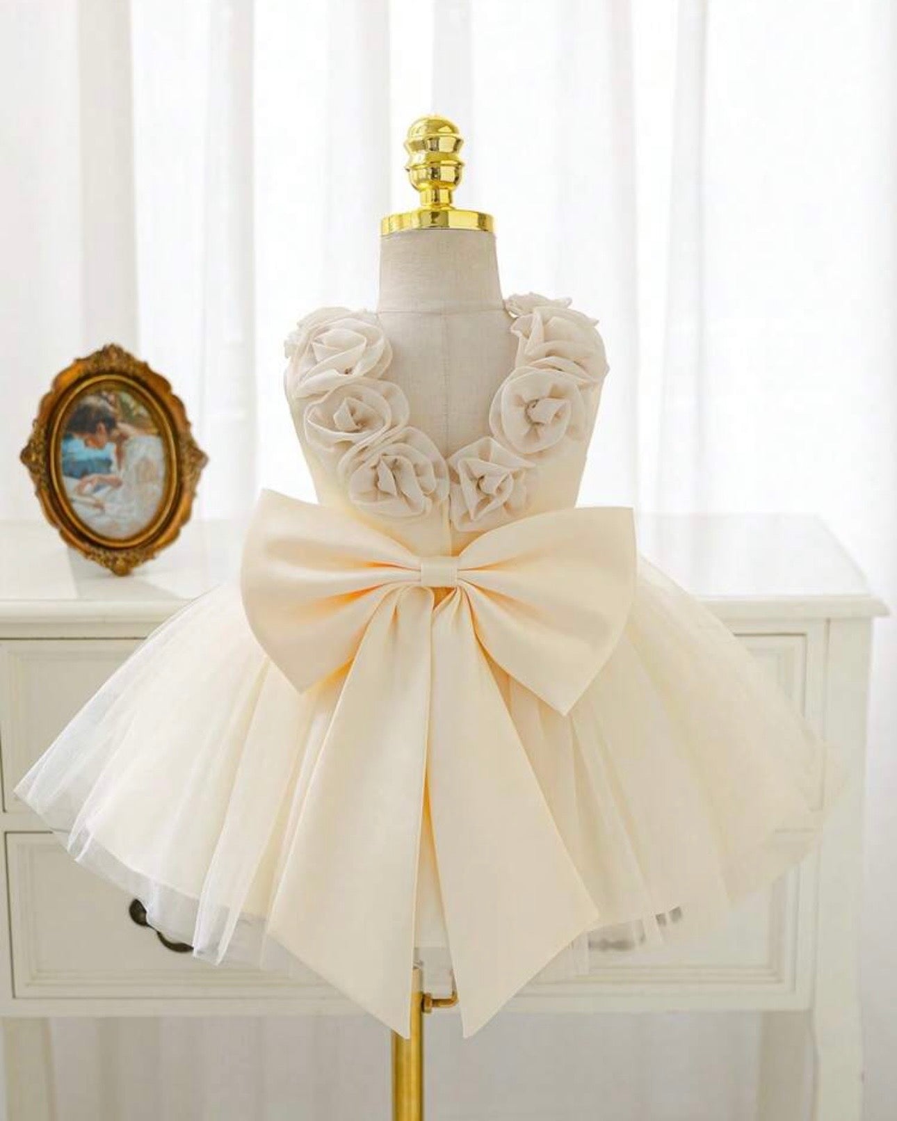 Baby Girls Apricot Satin & Mesh Princess Dress with 3D Flowers