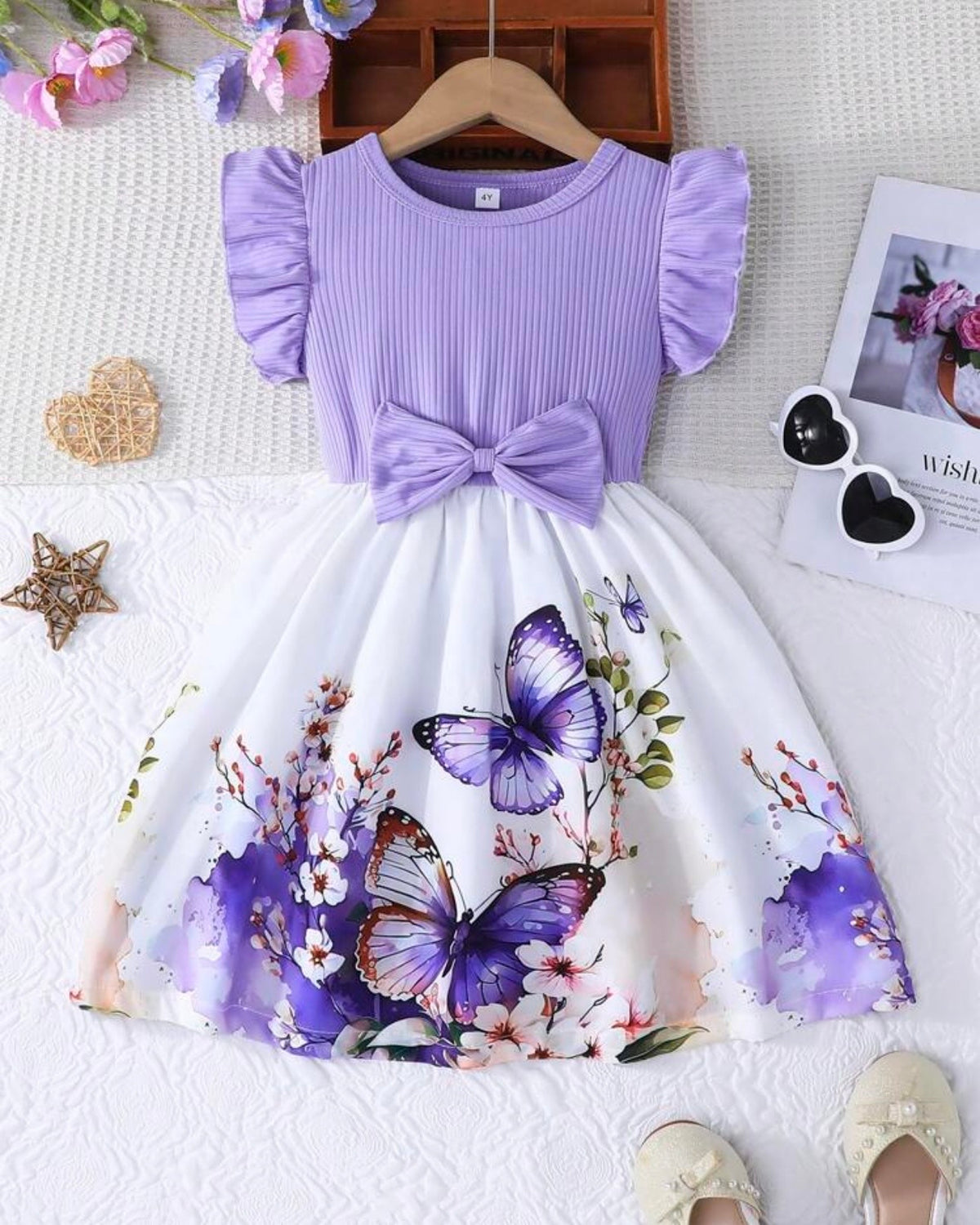 Girls’ Purple Summer Ruffled Sleeve Bow-Tie Butterfly Print Dress