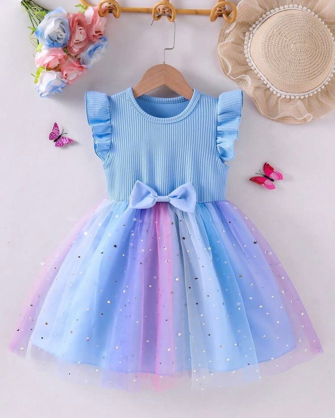 Girls Sleeveless Blue Starry Summer Dress