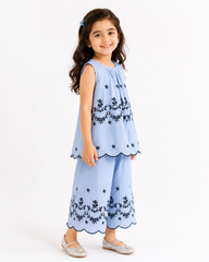 Girls Sleeveless Co-Ord Set – Blue Printed Embroidered Hem Top & Wide-Leg Pants