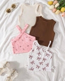4pc Baby Girl Summer Outfit Set – Pink & Brown Tank Tops
