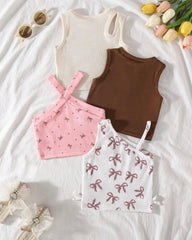 4pc Baby Girl Summer Outfit Set – Pink & Brown Tank Tops