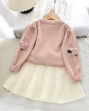 Girls' Pink Long Sleeve Floral Pom Pom Decorated Sweater And Pleated Skirt
