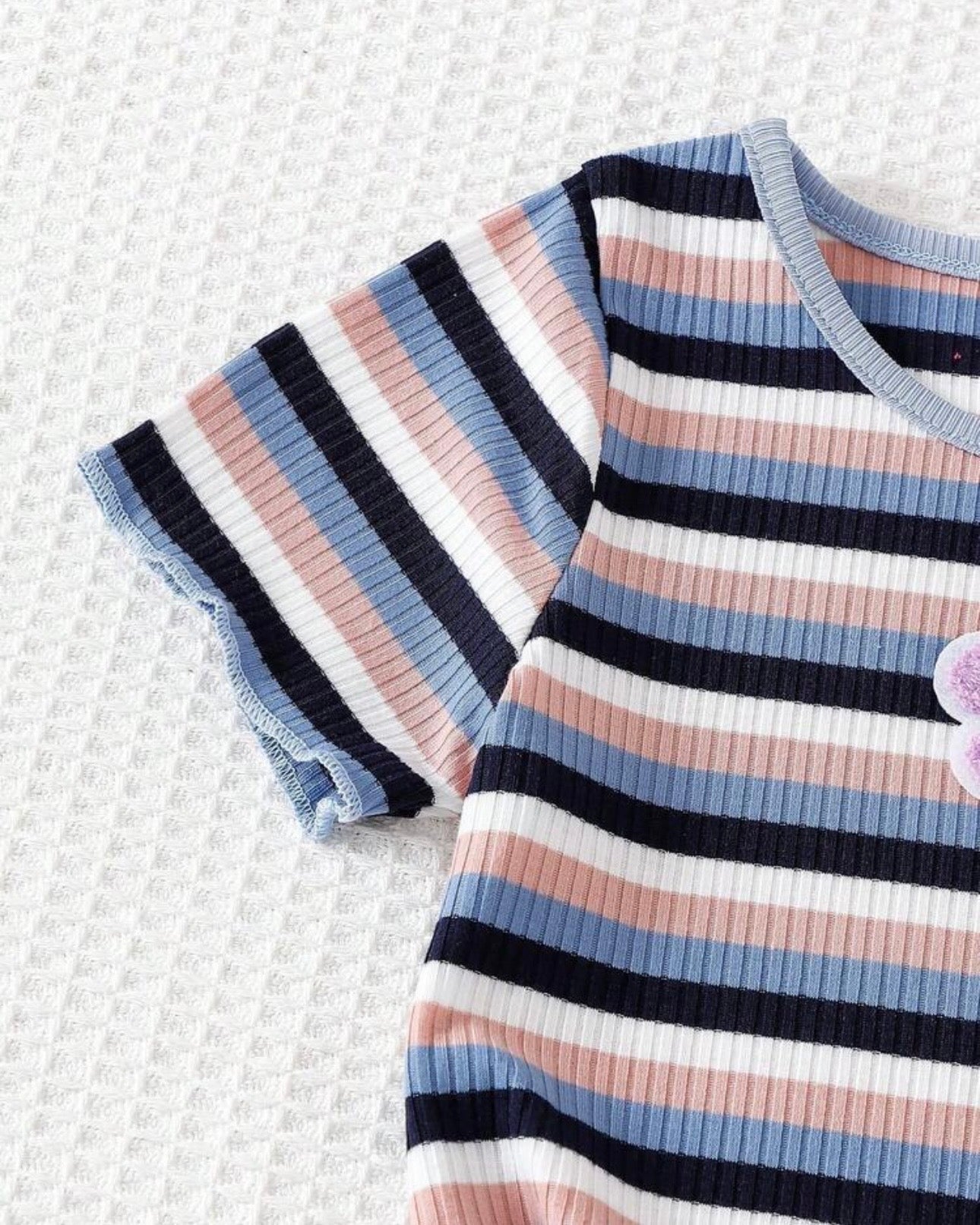 Kids Girl's Striped Blue Embroidered Flare Pants Set