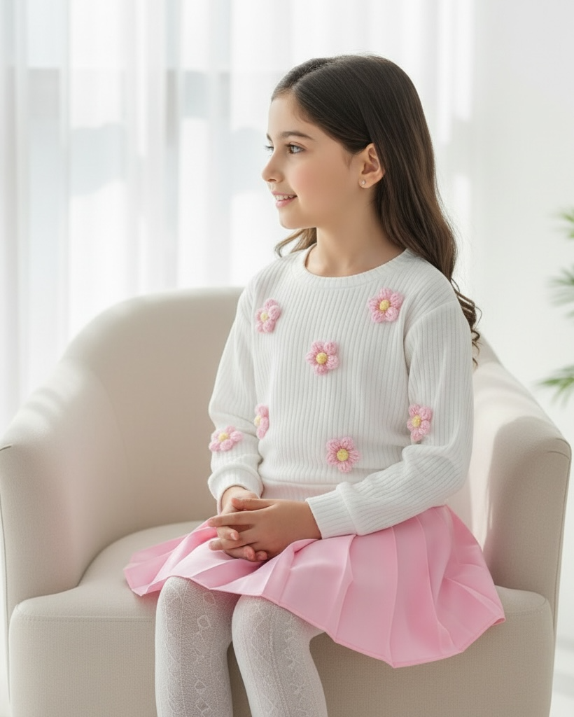 Girls 2PCS Floral 3D Pink Knitted Sweater & Pleated Skirt Set – European Style