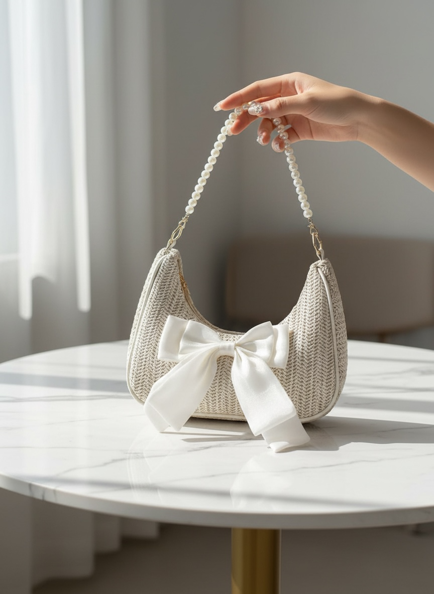 Straw Crescent Handbag For Women – Chain Shoulder Beach